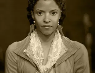 Renee Elise Goldsberry as Angelica Schuyler. Photograph by Josh Lehrer using a camera lens from the mid 1800s.