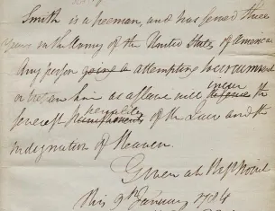 Henry Knox certifies Romeo Smith's status as a free man, January 9, 1784. (The Gilder Lehrman Institute of American History)