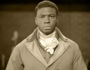 Okieriete "Oak" Onaodowan as James Madison. Photo by Josh Lehrer using a camera lens from the mid-1800s.