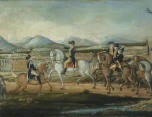 “Washington Reviewing the Western Army at Fort Cumberland, Maryland,” attributed to Frederick Kemmelmeyer, 1795 (Metropolitan Museum of Art)