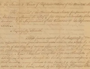 Petition from the Pennsylvania Society for the Abolition of Slavery, signed by Benjamin Franklin, February 3, 1790. (US Senate Archive)