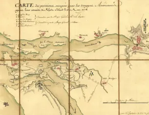 A 1778 French military map showing the positions of generals Lafayette and Sullivan around Narragansett Bay on August 30, 1778 (Library of Congress)