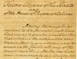 Excerpt from the first page of Washington's First Inaugural Address (National Archives)