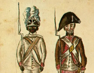 Soldiers at the siege of Yorktown, including an African American soldier of the 1st Rhode Island Regiment, by Jean-Baptiste-Antoine DeVerger, 1781. (Anne S. K. Brown Military Collection, Brown University)